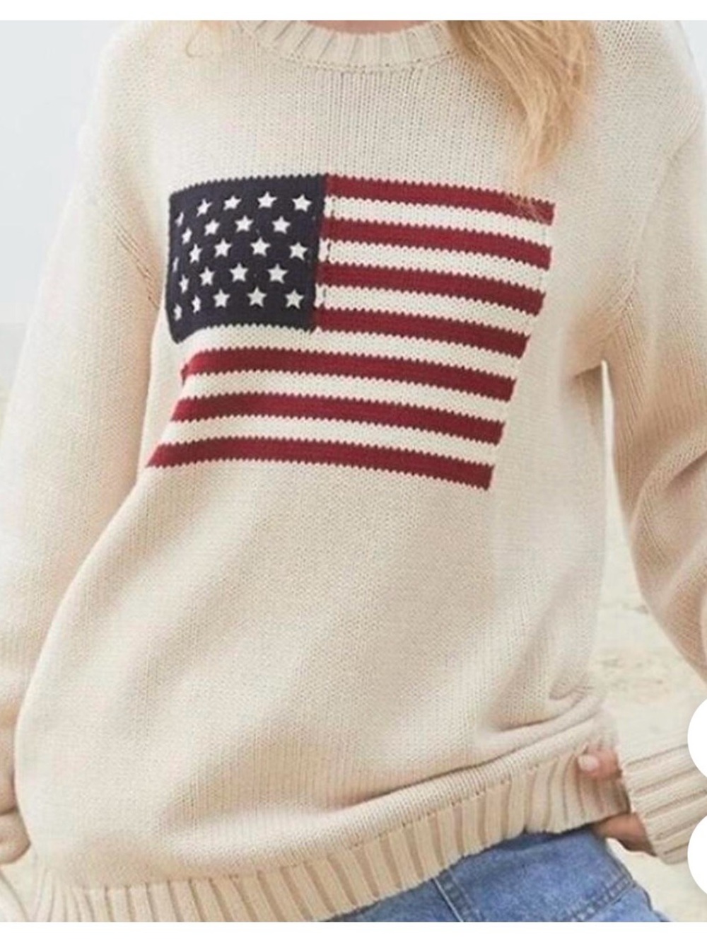 Brandy Melville Cream Crewneck Sweater with American Flag
